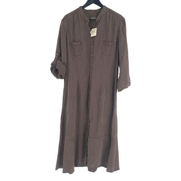 J Jill Womens Button Front Roll Tab Sleeve Tencel Shirt Dress Brown Size‎ 18 NWT - Picture 1 of 10